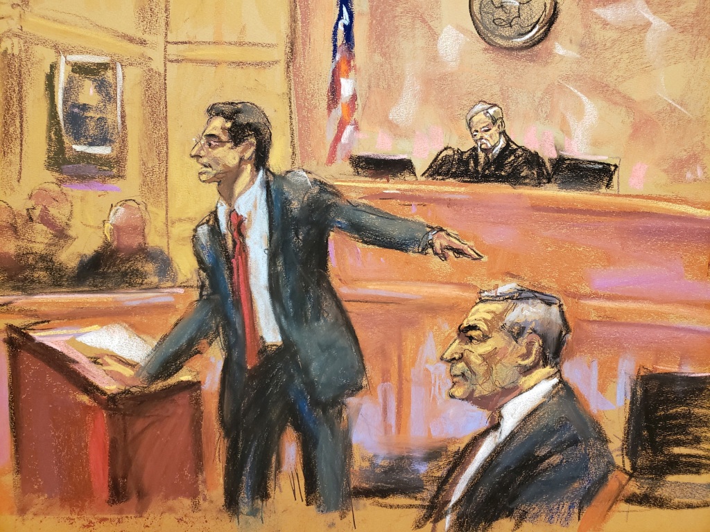 Courtroom sketch showing a man pointing