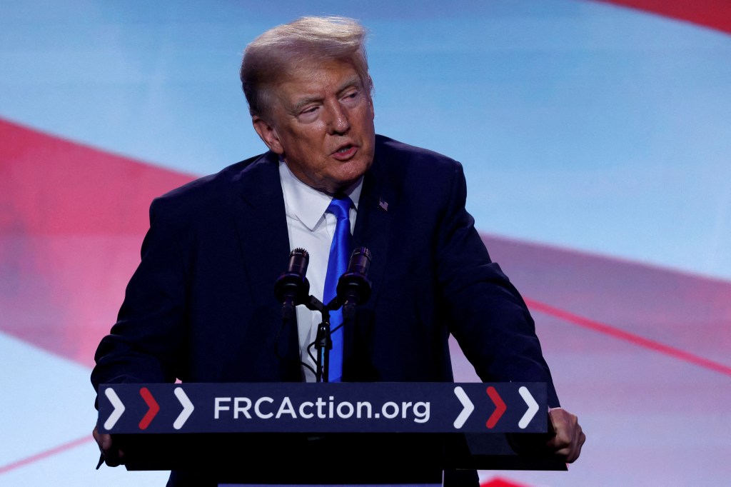 Trump addresses the Pray Vote Stand Summit, organized by the Family Research Council in Washington, on Sept. 15, 2023.