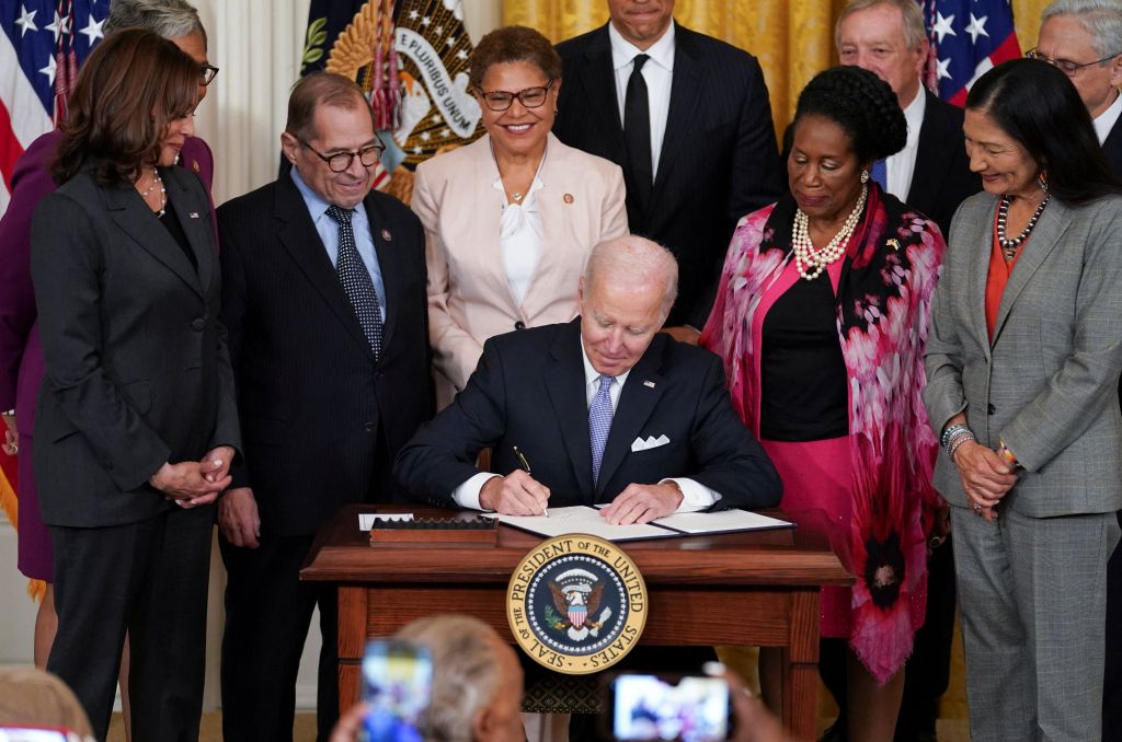 U.S. President Biden signs an executive order to reform federal and local policing on the second anniversary of the death of George Floyd in Minneapolis police custody in Washington, DC, on May 25, 2022.