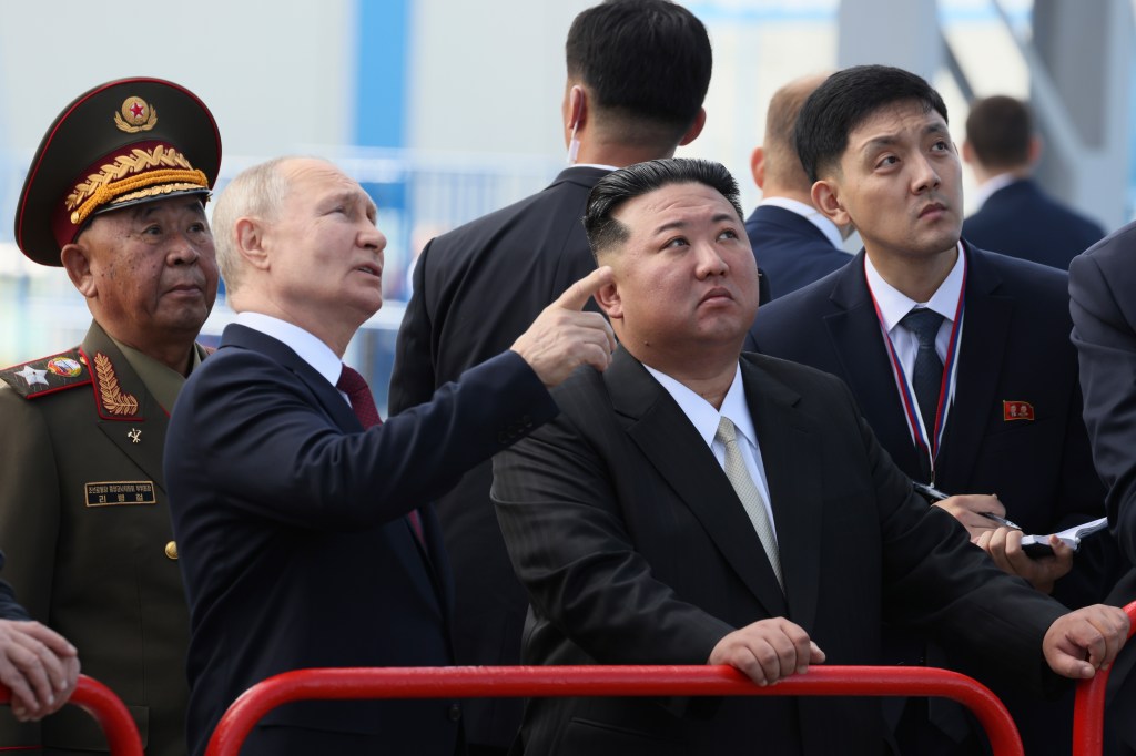 Putin and North Korea's leader Kim Jong Un examine a launch pad during their meeting at the Vostochny cosmodrome outside the city of Tsiolkovsky, about 200 kilometers (125 miles) from the city of Blagoveshchensk in the far eastern Amur region, Russia, on Wednesday, Sept. 13, 2023.